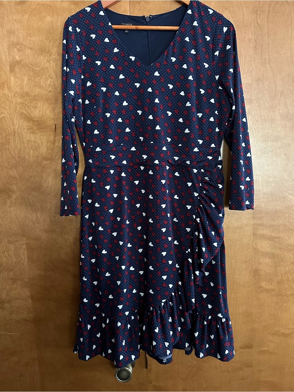 Talbots Navy Long-Sleeve Heart Print Wrap-Style Dress